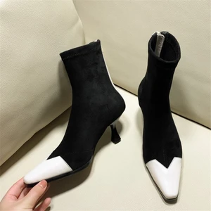 Womens Mid Calf Boots Pointed Toe Thin Heels Mixed Flock Colors Women Shoes Plush In Warmest Winter Zipper-Sid Botas De Mujer