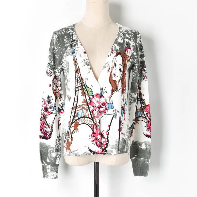 Женский вязаный свитер с длинным рукавом короткий топ принтом Парижской башни и