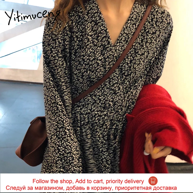 

Yitimuceng Floral Print Dress for Women Ruffles Elegant Midi Slim Boho Dresses High Waist 2021 Summer Spring Korean Fashion New