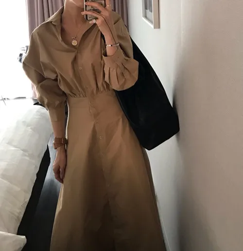 new arrival 2021 spring fashion puff sleeve lapel dress women high waist single breasted shirt | Женская одежда