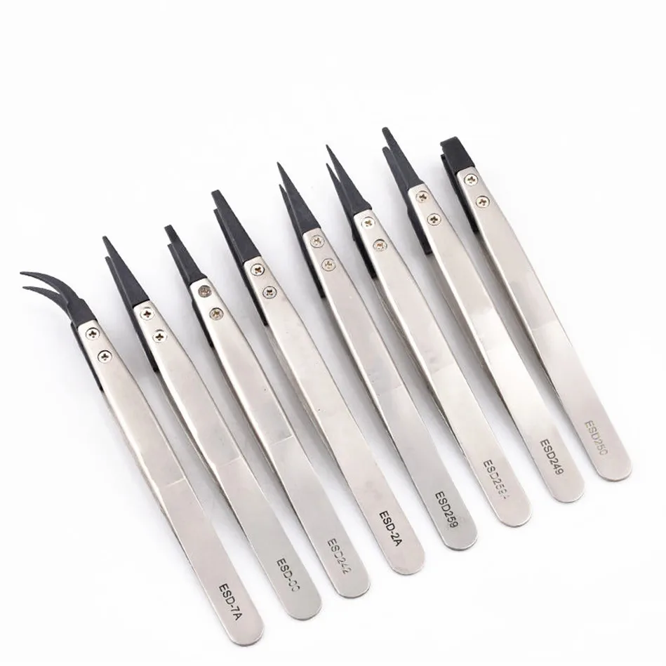 

8Pcs ESD Anti-Static Tweezers With Replaceable Tips Full Stainless Steel Body Carbon Fiber Conductive Plastic