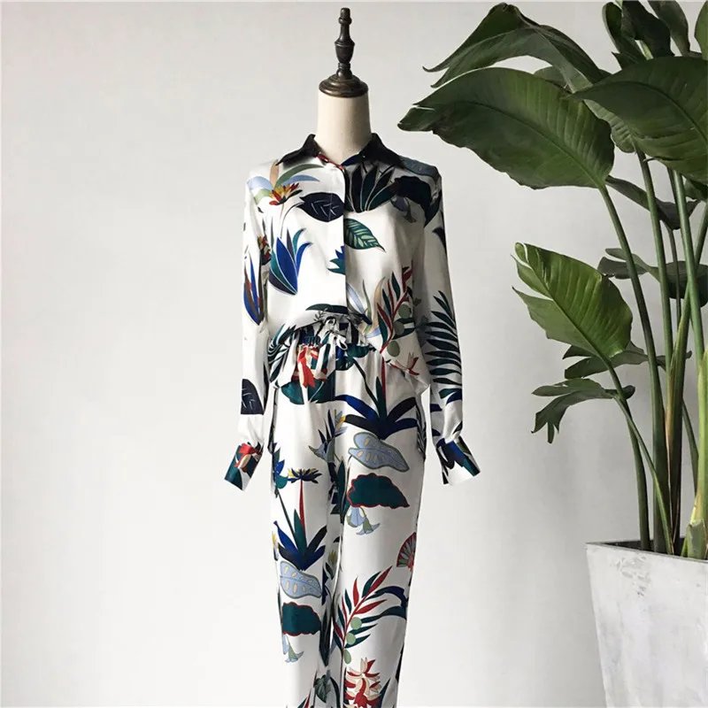 High-grade 100% Natural Silk Women's Pajama Set Plant Printing Real Silk Sleepwear Ladies 2PCS Genuine Silk Pijama Mujer