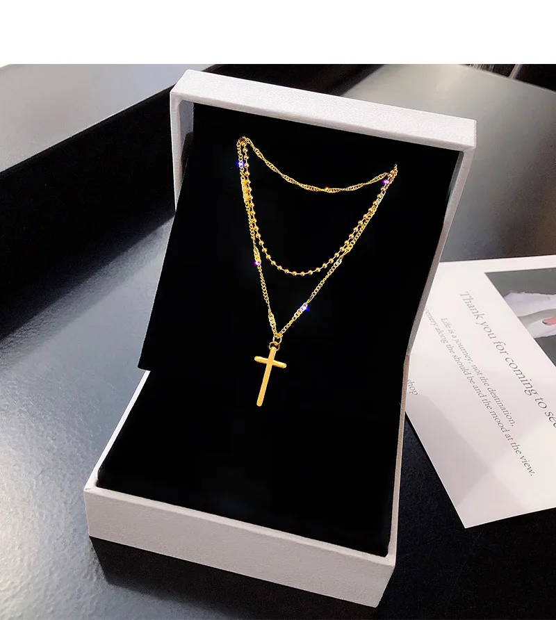 

Simple Multi-Layer Gold Cross Chain Pendant Necklace Exaggerate Punk Women's Fashion Beads Choker Ladies Party Jewelry Girl Gift