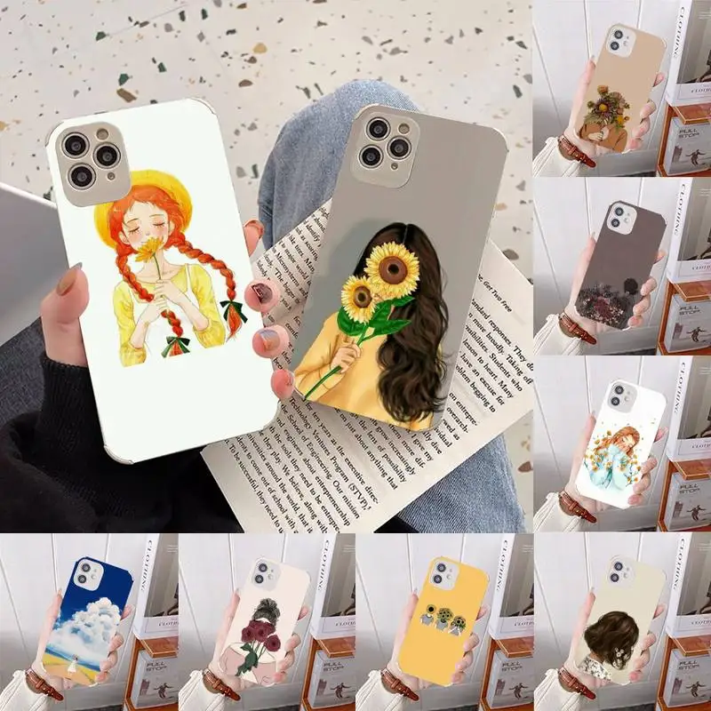 

Romantic art girl flower Phone Case Lambskin Leather For iphone 12 11 8 7 6 XR X XS PLUS MINI PLUS PRO MAX Shockproof