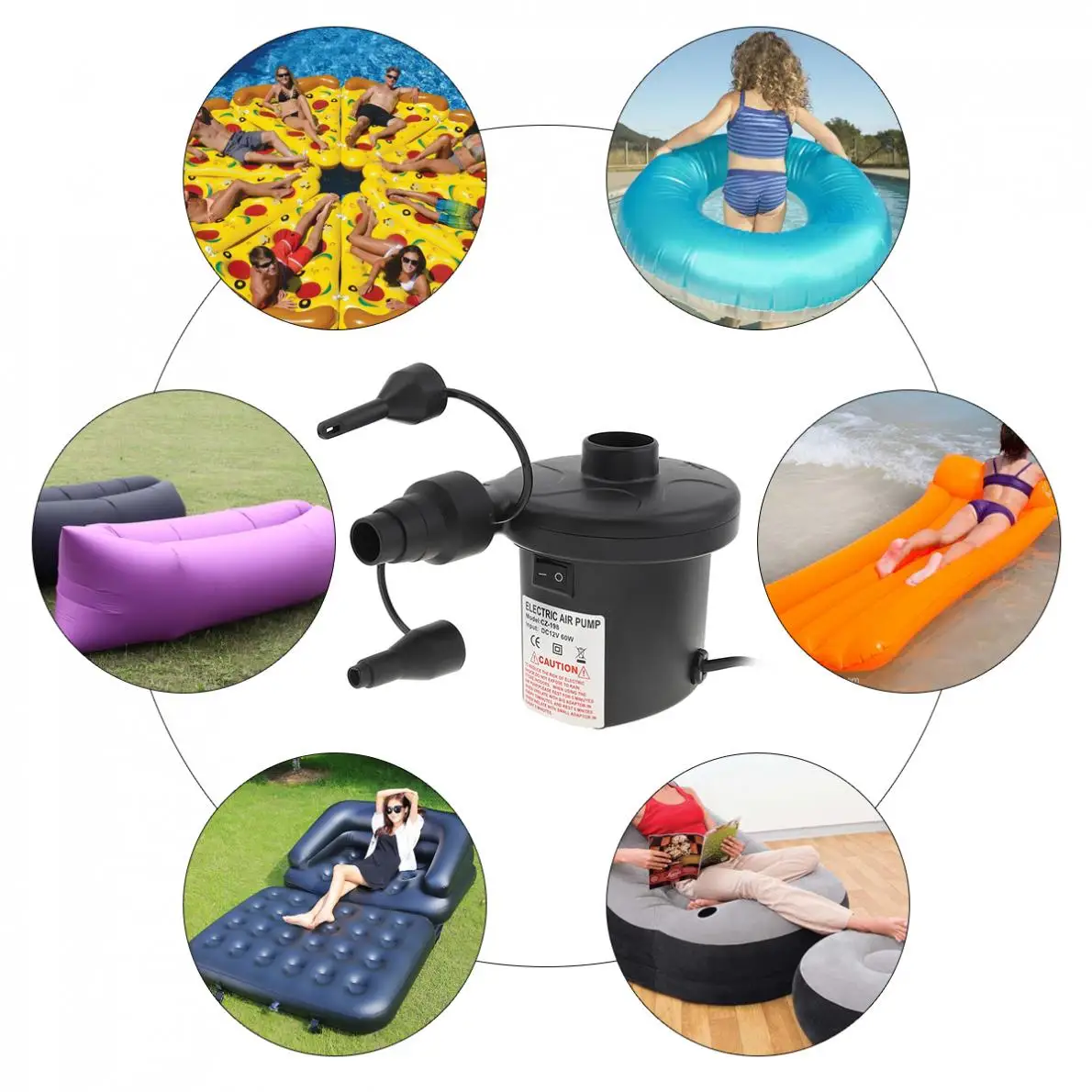 

DC 12V Portable Mini Replaceable Car Emergency Air Pump Electrical Suction Inflatable Pump with 3 Nozzles