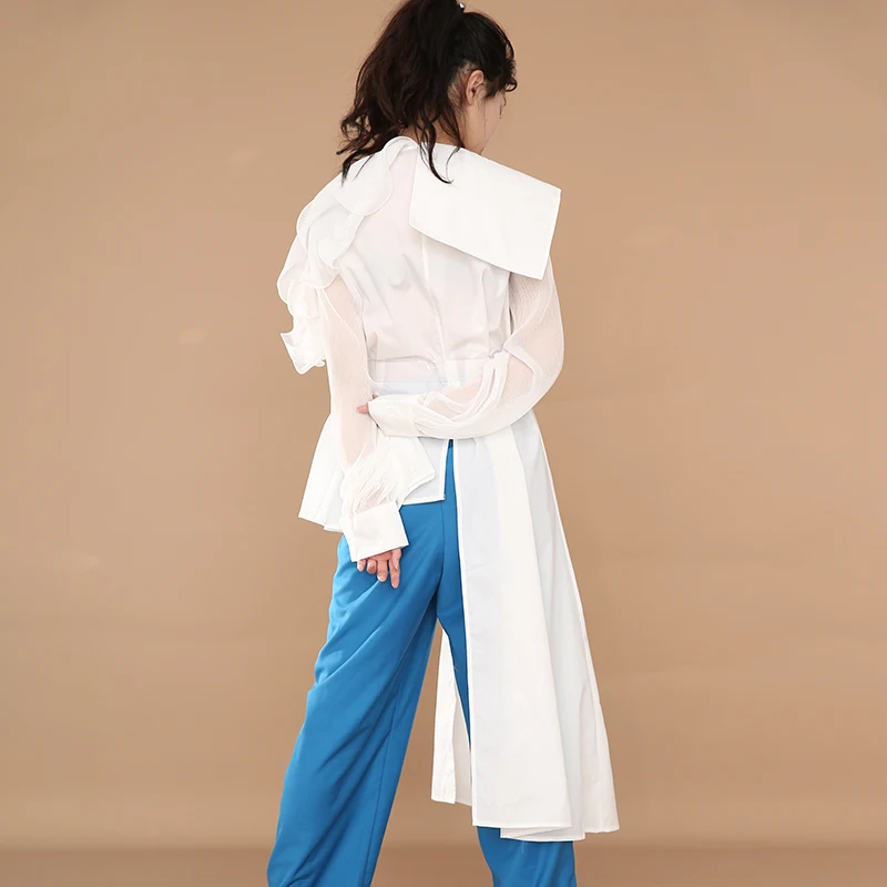 

[EAM] Women Green Pleated Irregular Big Size Long Blouse New Lapel Long Sleeve Loose Shirt Fashion Spring Autumn 2021 1DA21800