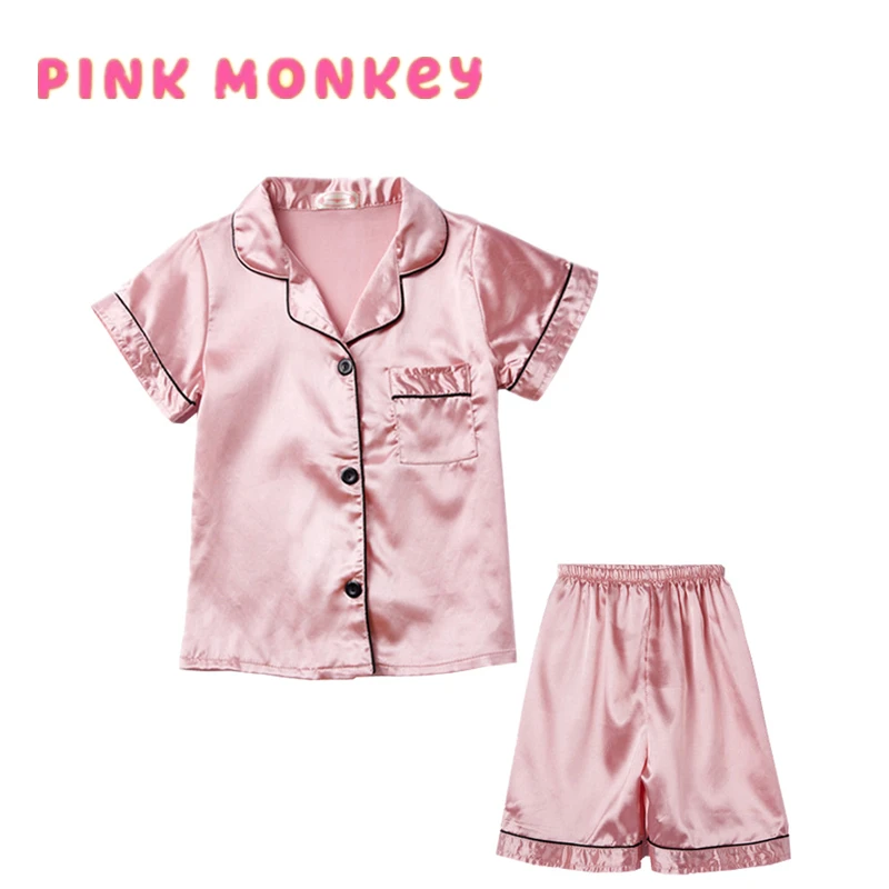 

Classic Girls Pajamas Set Summer Short Sleeve Children's Sleepwear Set Fake Silk Pajamas Boy Pyjamas Sets For Kids Children's Da