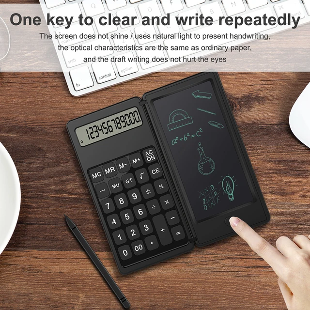 VAORLO Foldable Calculator & 6 Inch LCD Writing Tablet Digital Drawing Pad 12 Digits Display with Stylus Pen Erase Button Lock 3