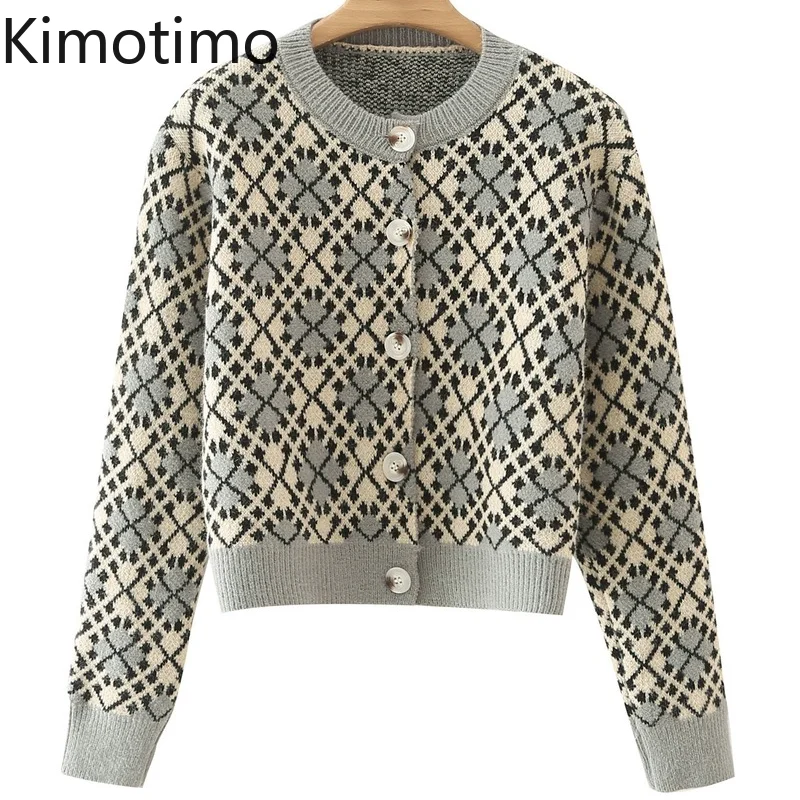 

Kimotimo Jacquard Argyle Cardigan Women 2021 Autumn Winter O-neck Simplicity Sweater Korean Vintage All-match Short Cardigans