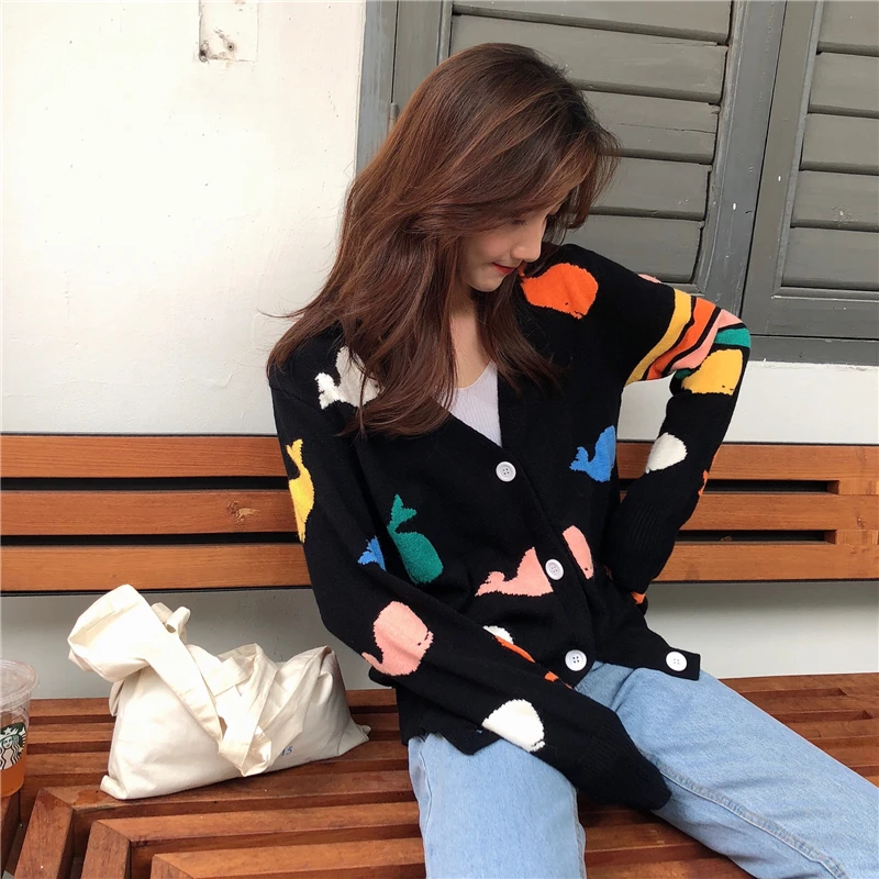 2019 autumn Colorful cartoon pocket sweater womens knitted cardigans coat (B8693) |