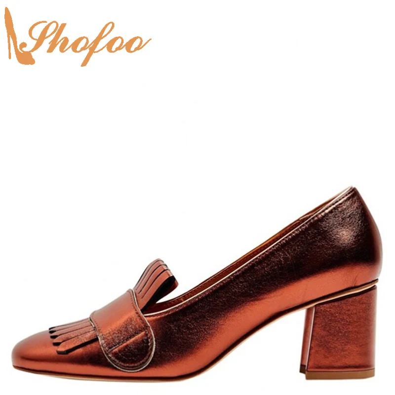 

Copper Color Round Toe High Chunky Heels Slip On Fringe Pumps Large Size 114 15 Ladies Autumn Fashion Cusual Mature Shoes Shofoo