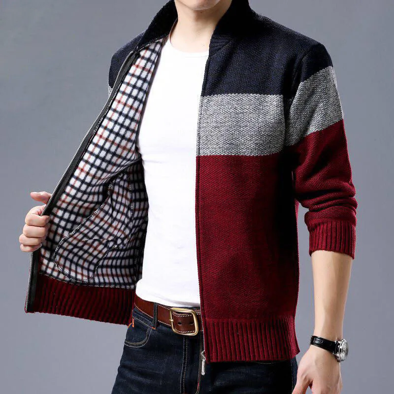 

Spring Winter New Men's Cardigan Single-Breasted Fashion Knit Plus Size Sweater Stitching Colorblock Stand Collar Coats Jackets