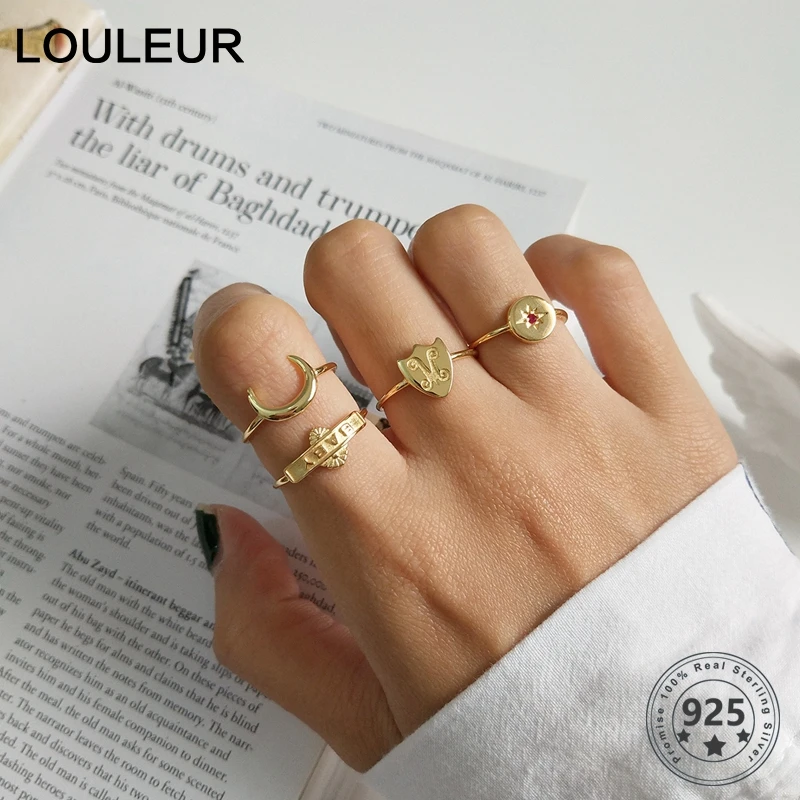 

2020 New 925 Sterling Silver Openwork Rings Letter Baby Moon-Star-Shield Simple Design Wild Rings For Women Fashion Jewelry Gift