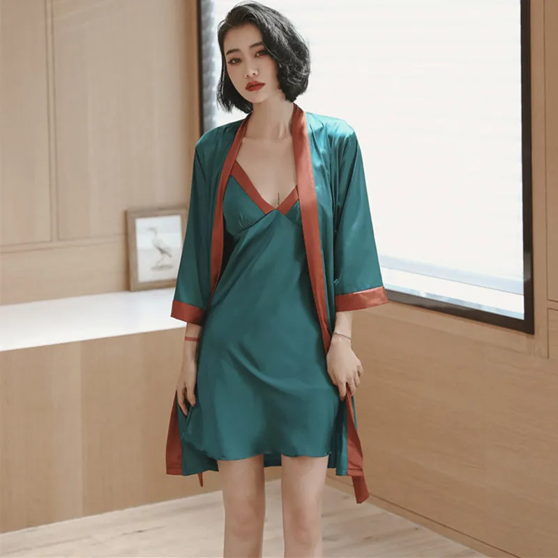 

Temperament New Spring Summer Sexy Sleepwear Women Bathrobes V Neck Sling Dress + Robe 2 Pcs Set Silk Satin Night Gowns Female
