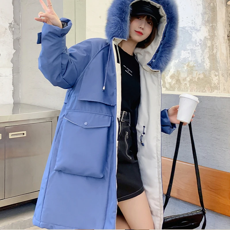 Женский пуховик с лисьим мехом утолщенное пальто средней длины в Корейском стиле