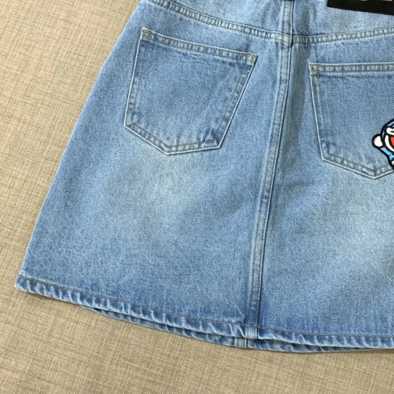 

109392 New Style Spring Summer Fashion Classic Cat Embroidery Design Casual High Waist and Thin Denim A-line Half Skirt G1