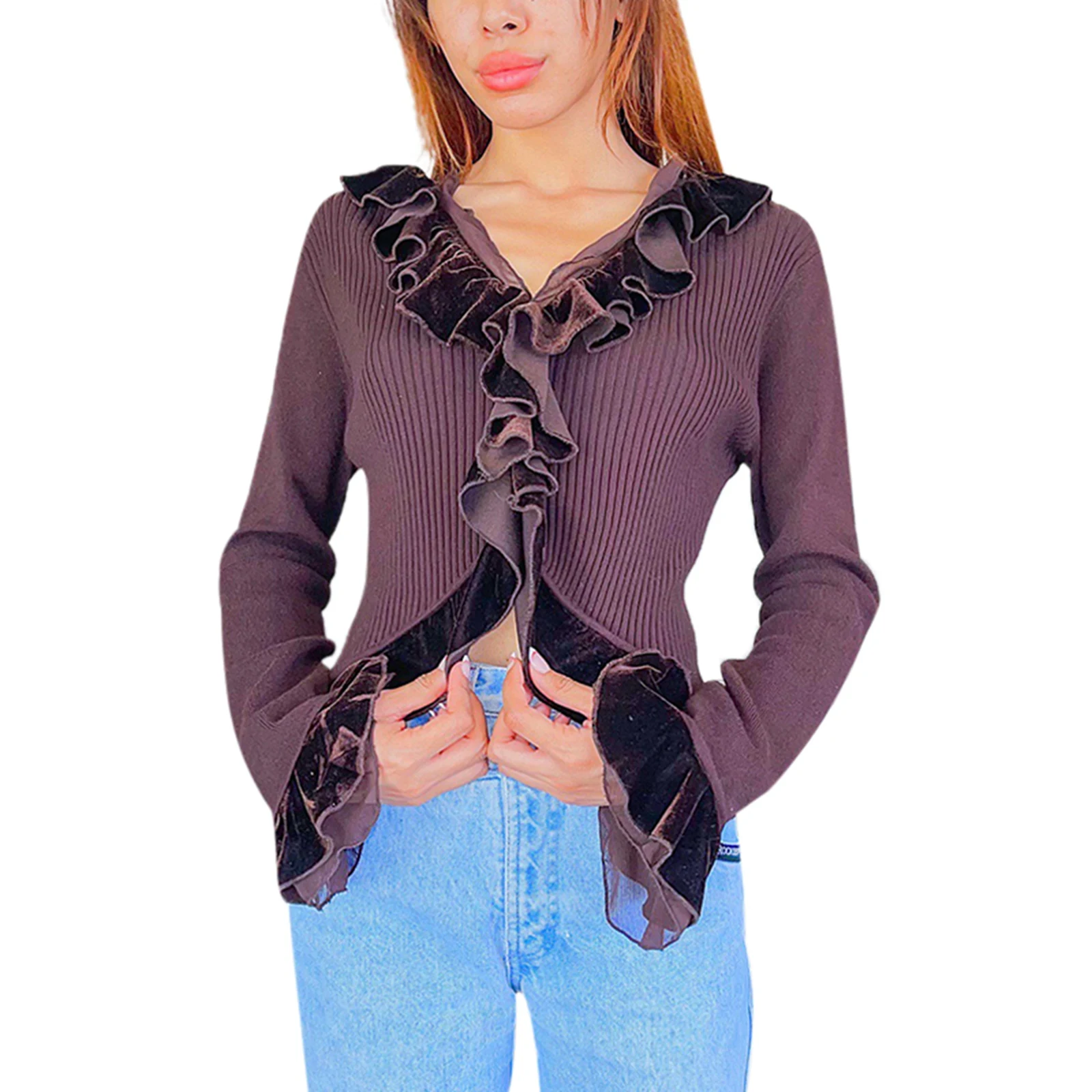 

Женский свитер с расклешенным рукавом и пупком, однотонная весенняя одежда с V-образным вырезом и оборками