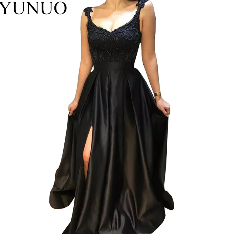 

Кружевное Вечернее Платье с бусинами черное платье на тонких бретельках для выпускного вечера 2019 горячая Распродажа, длинное атласное плат...