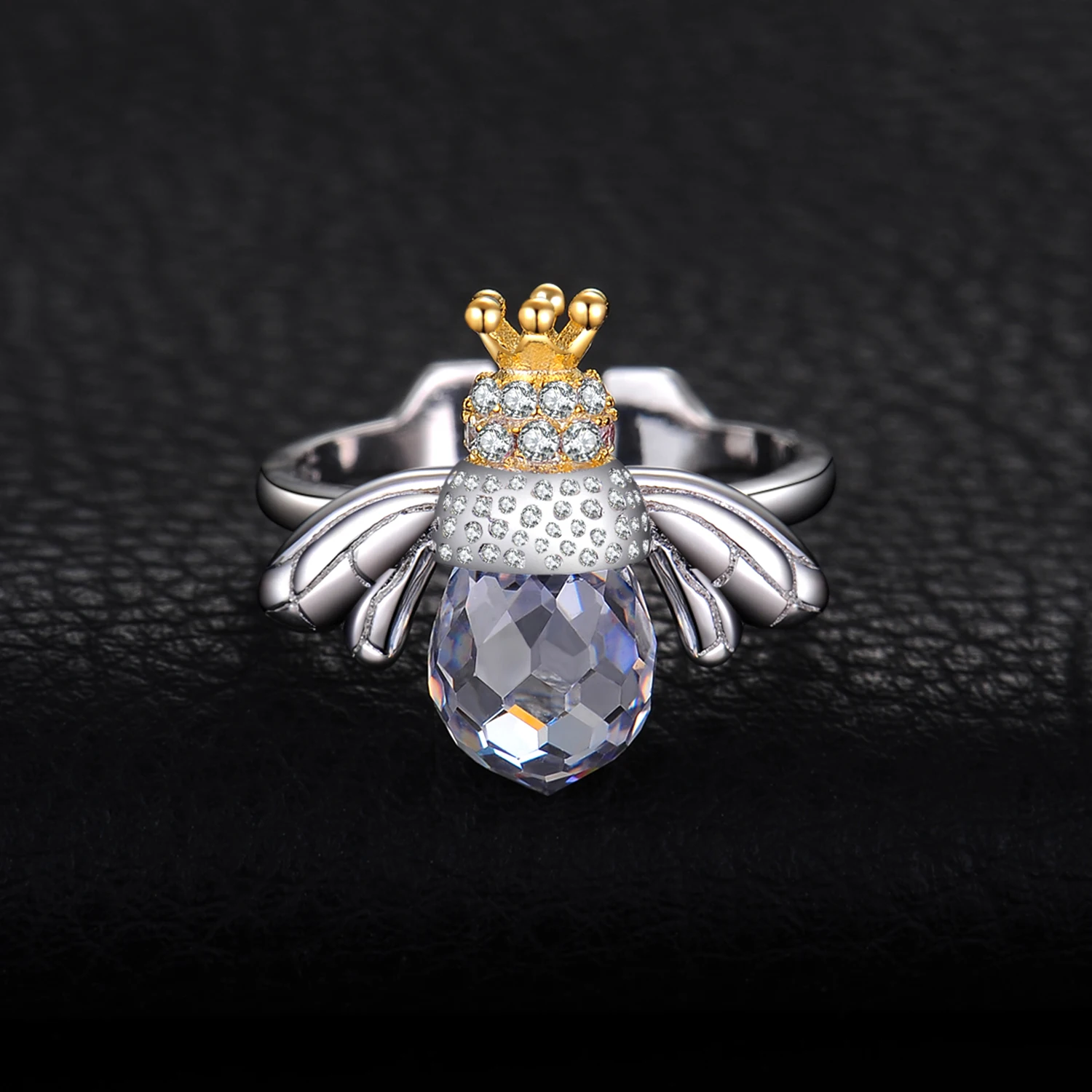 JewelryPalace Fashion 9ct Cubic Zirconia Crown Wing Honey Bee Adjustable Open Ring 925 Sterling Silver Women Luxury Fine Jewelry