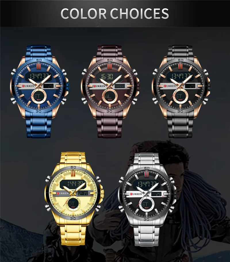 CURREN Sport Men Watch Top Brand Luxury Military Business LED Male Clock Blue Stainless Steel Quartz Digital Man Wristwatch 8384 | Наручные