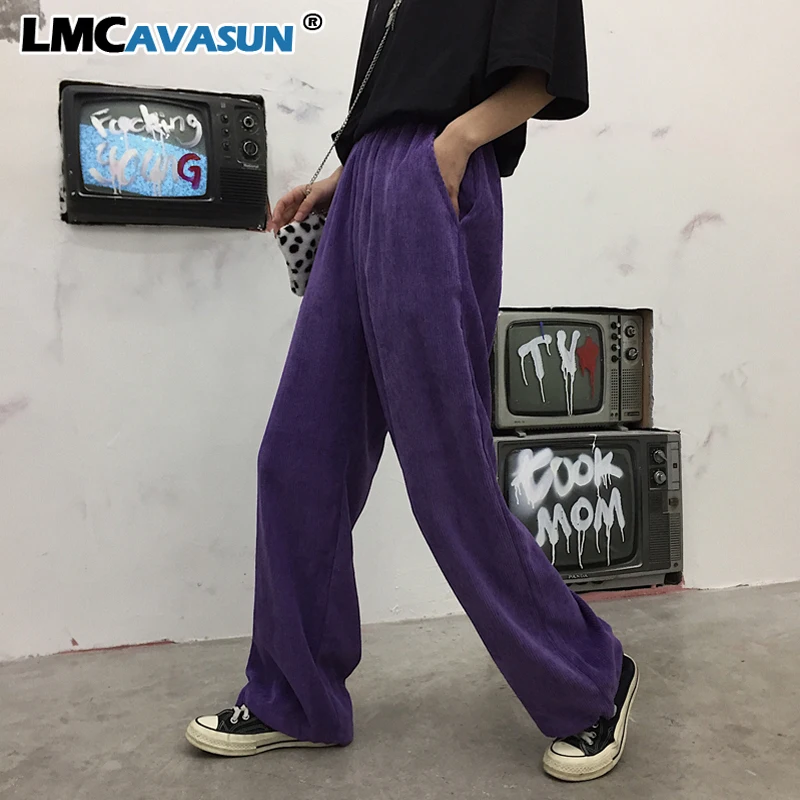 Винтажные фиолетовые однотонные вельветовые свободные прямые широкие штаны с