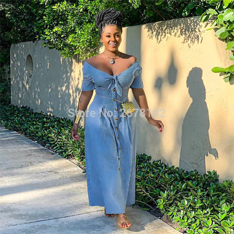 Элегантное платье с открытыми плечами в полоску принтом длинное для женщин на