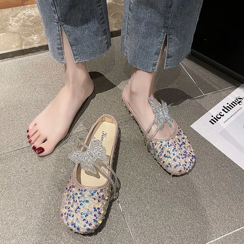 

Baotou Women's Slippers Fashion All-match Sequins Embellished Vamp Butterfly Applique Decorated Cute Sweet Beauty Slippers