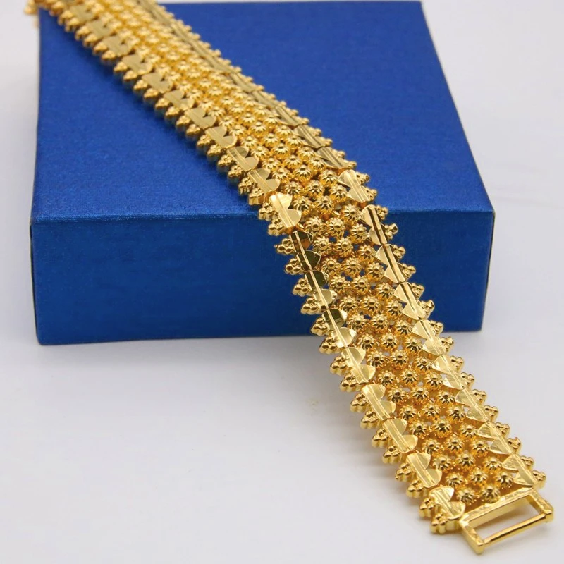 24MM Wide Flower Pattern Bracelet Dubai Gold Filled Middle East Arab/African/Ethiopian Thick Bangle 20cm
