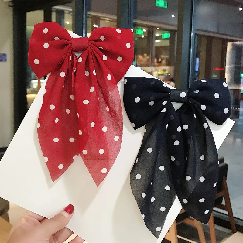 

Polka Dot Print Big Bow Hair Clips Barrettes Bow Knotted Long Ribbon Chiffon Hairpin for Women Girls Hair Accessories Hairband