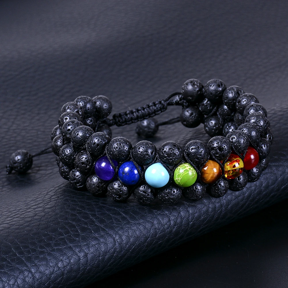 Браслет с чакрами 8 мм 3-слойный браслет из лавового камня регулируемый