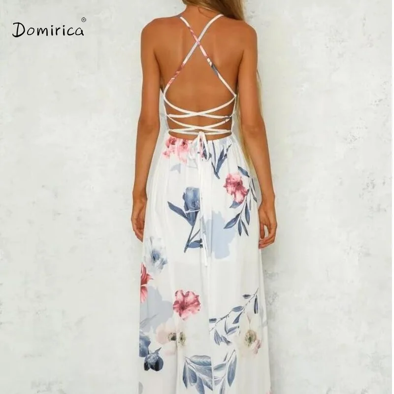 

DOMIRICA Red Long Dress Female Bohemian Sexy Split Print Backless Female Dresses Chiffon Light Dress Women's Summer Sundresses