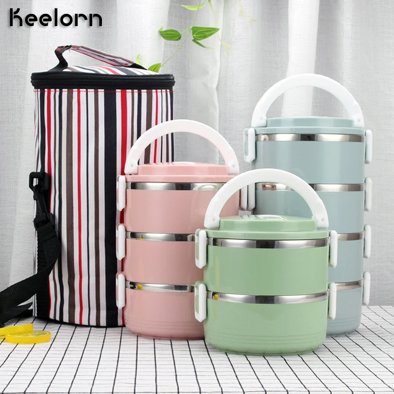 

Ланч-бокс из нержавеющей стали Keelorn 304, многослойная изоляция, портативная круглая детская посуда + сумка-холодильник, Ланч-бокс