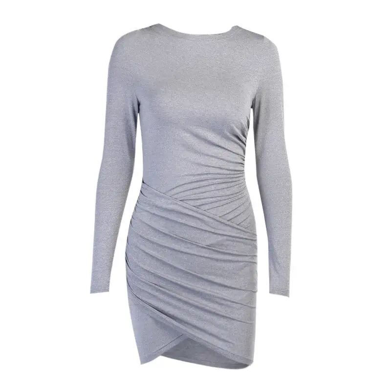 

Zoulv Women Spring New Irregular Long Sleeve Female Dress Sexy Hip Wrap Party Fashion Dress Solid Pleated Round Neck Dress