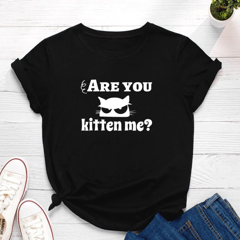 

S-5XL 100%Cotton Shirt Women Plus Size Summer Women TShirt Plus Tee Lovely Cat Print Tops Balck O Neck Short Sleeve TShirts