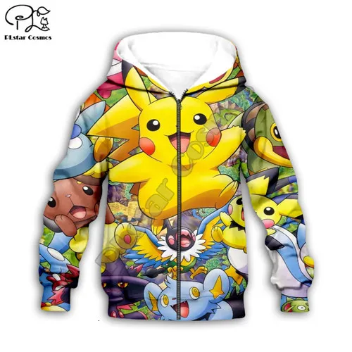 Kids zip hoodies Детский комплект, детские толстовки с капюшоном с покемонами, толстовка с 3D-принтом Пикачу, пепел, Кетчум, коллаж, Kawaii, пуловер, семейные рубашки, штаны для мальчика и девочки - Цвет: Kids zip hoodies