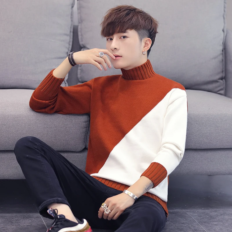 

Мужской теплый свитер с высоким воротником, приталенный брендовый вязаный пуловер с высоким воротником в стиле пэчворк, зима 2019