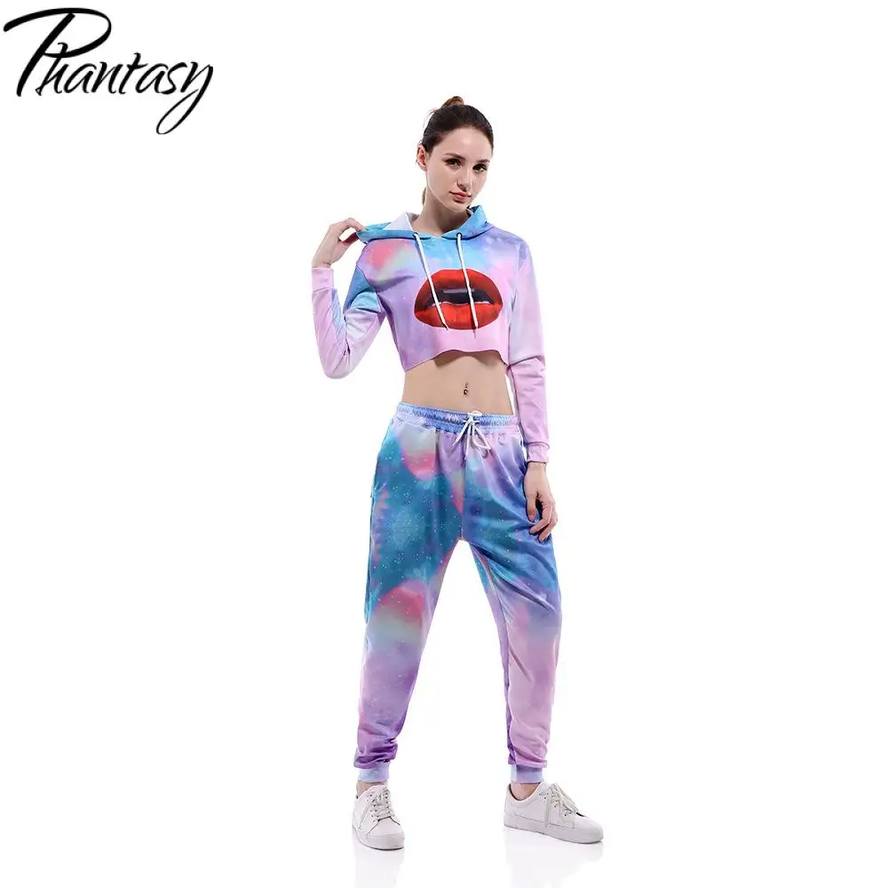 

Phantasy Women Lips Printed Hoodies Set Casual Streetwear Hooded Sweatshirt Sweatpants Loose Long Sleeve Autumn Pullover Pants