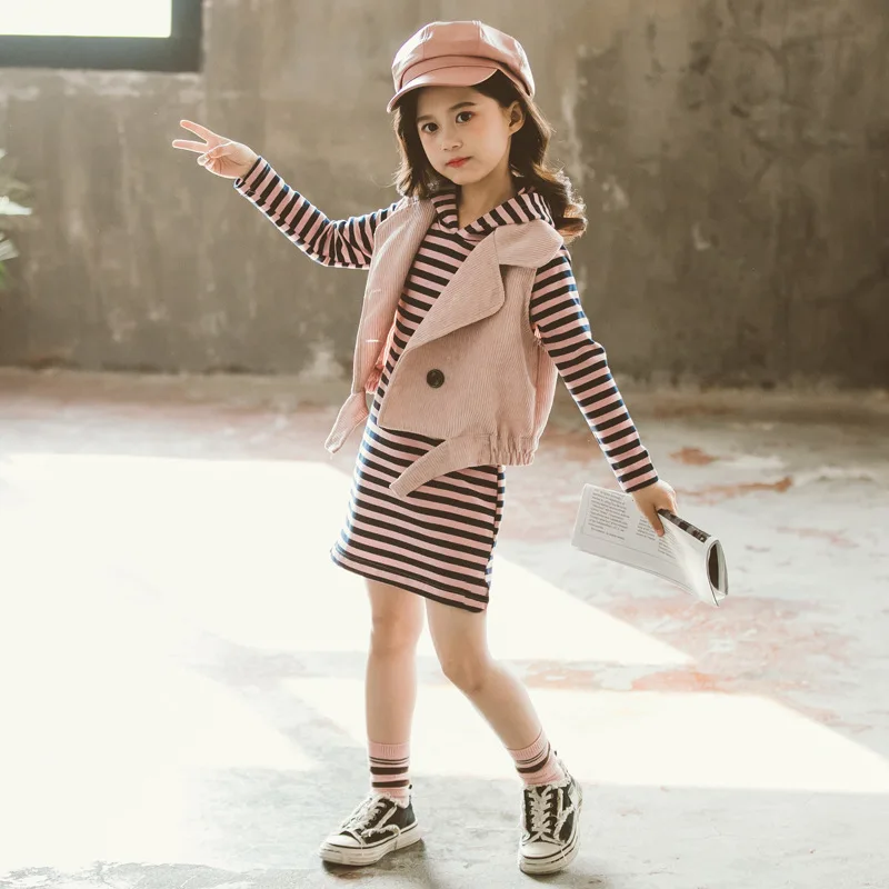 2021 Stripe Spring Autumn Children Clothes Baby Girls Hooded Sweatshirts + Vest Kids Teenagers Tracksuit Sport Suits Outwear