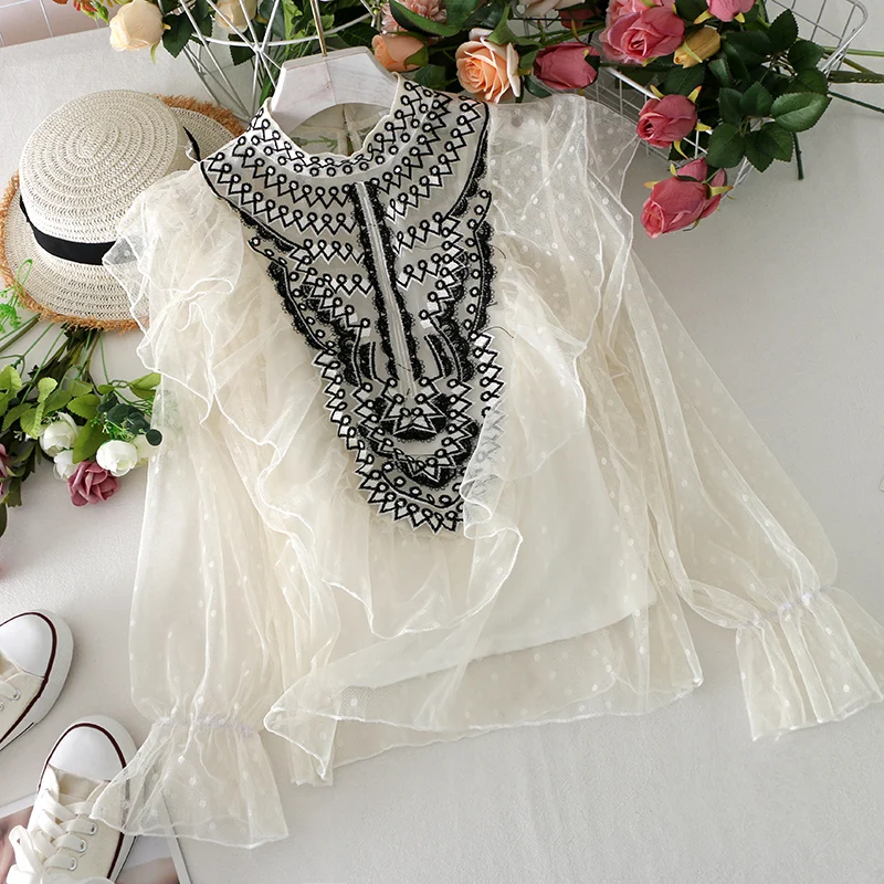 Женская кружевная блузка в горошек эластичная облегающая сетчатая с рукавами