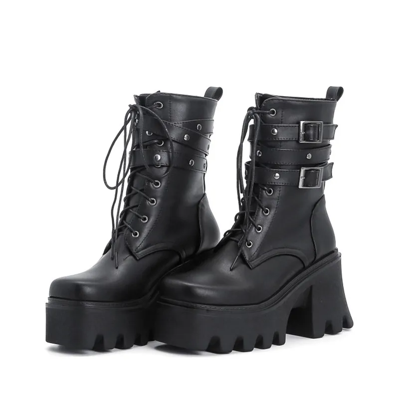 

ochanmeb Punk Studs Rivets Buckle Boots Women 2021 Fall Winter Goth Boots Shoes Woman Chunky Heels Platform Booties Cross Tied