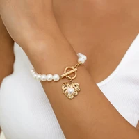 new retro elegant round simulated pearls beaded chain bracelet for women fashion irregular geometric heart pendant charm jewelry