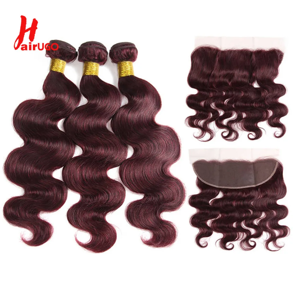 Прямые человеческие волосы HairUGo 99J пучки с кружевной передней частью бразильские