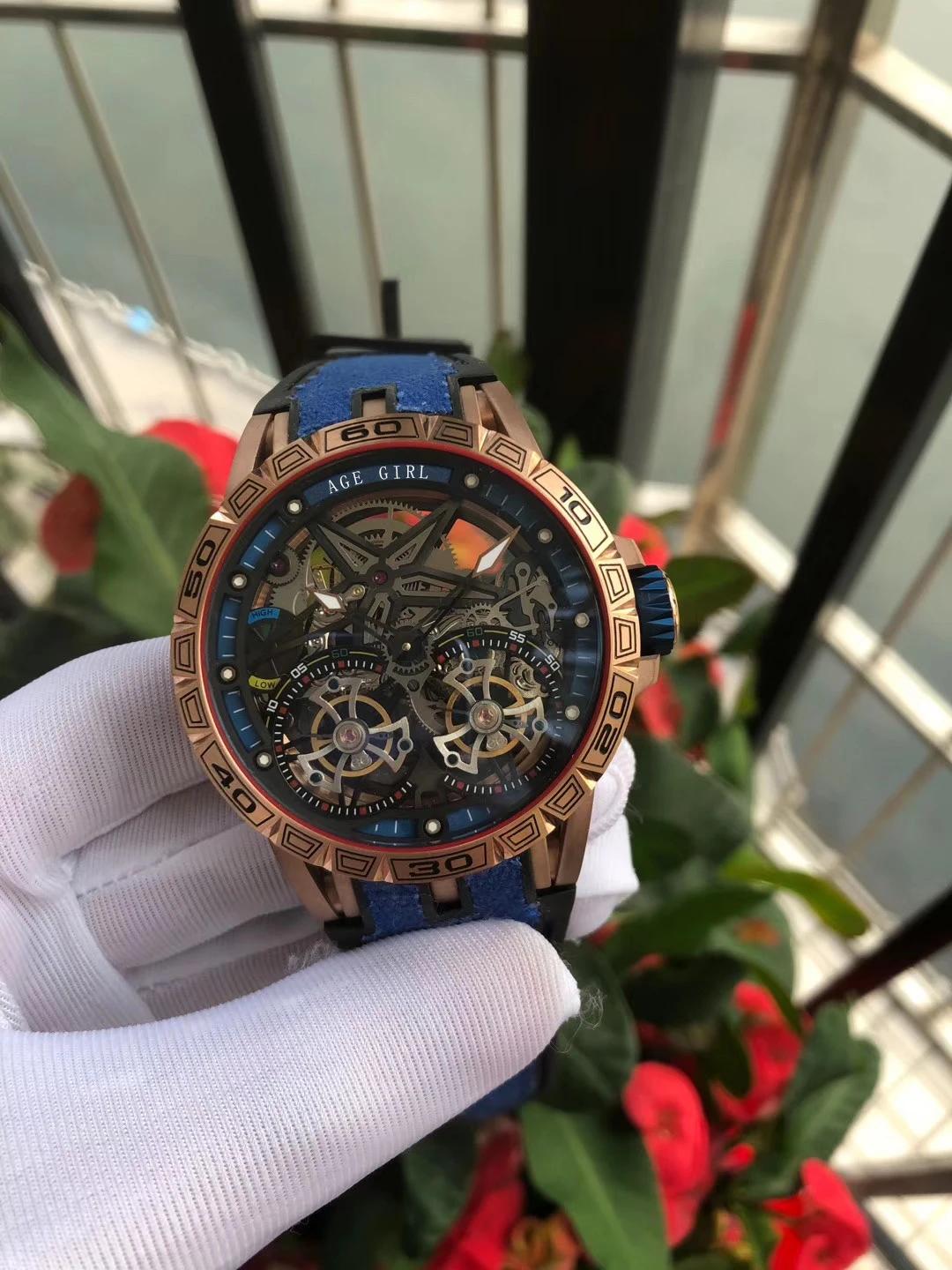 

Classic New Rose Gold Red Black Canvas Rubber Men Stainless Steel Watch Sapphire Automatic Mechanical Tourbillion Skeleton