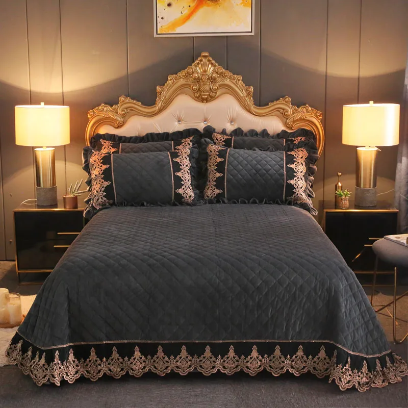 Dark Gray Thicken Flannel Velvet Fleece Quilted Gold Lace Bedspread Pillowcases Bed Cover Sheet Mattress cover Bedding Set | Дом и сад