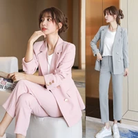 early autumn casual style two piece business wear women suits solid pink black blazer pant suit set double breasted pockets