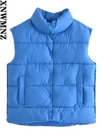 xnwmnz women water repellent puffer gilet jacket za fashion retro blue high neck sleeveless vest womens streetwear spring coat