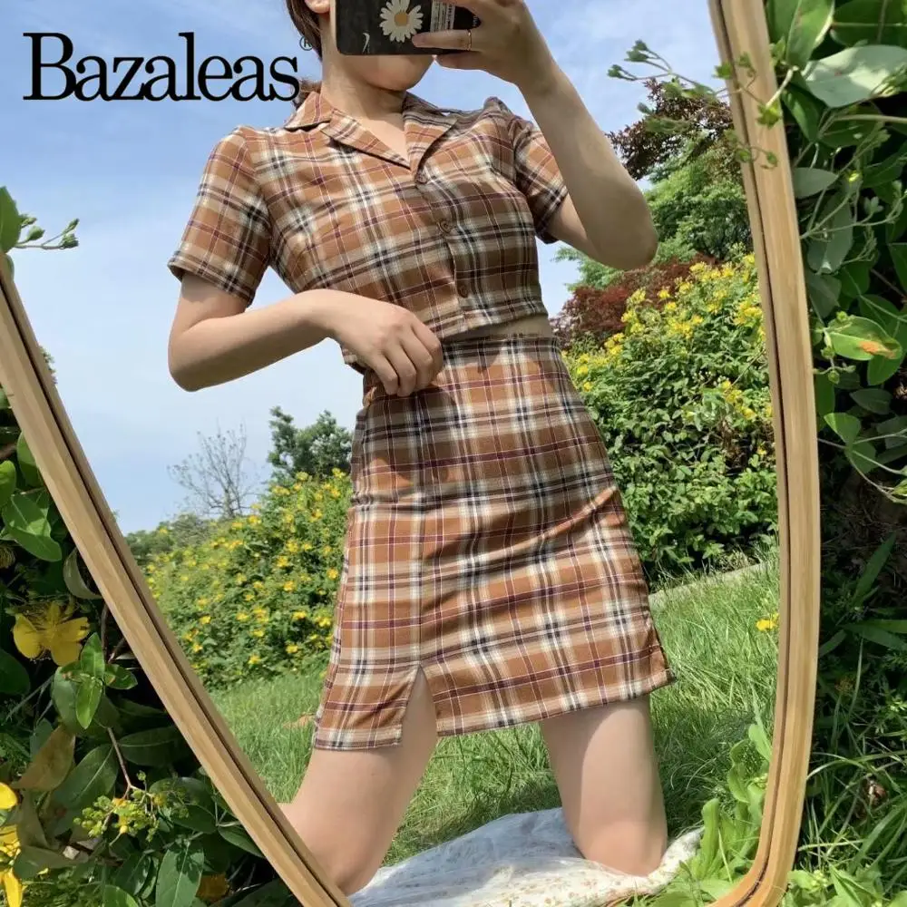 Женский уличный Костюм-двойка Bazaleas коричневый укороченный топ в клетку и