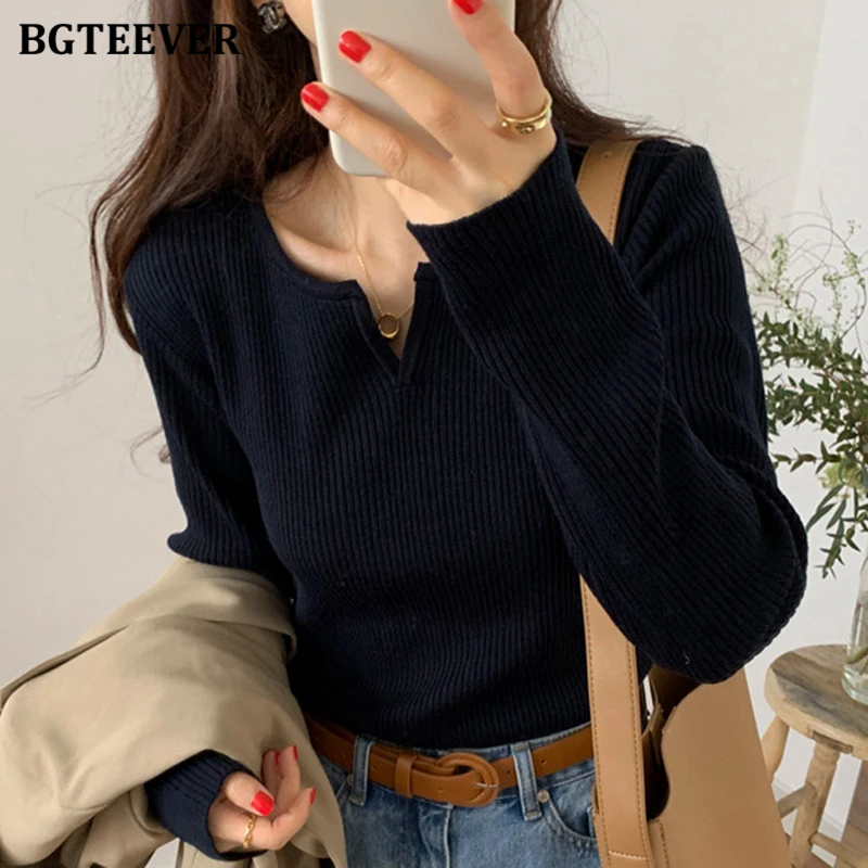 Свитер Женский вязаный BGTEEVER с V-образным вырезом и длинным рукавом Осень-зима 2020 |