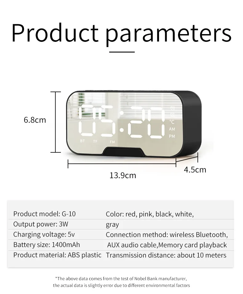 

Mirror Alarm Clock LED Digital Clock Bluetooth Speaker With Radio LED Mirror Wireless Subwoofer Music Player Table Clock