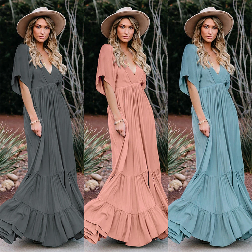 

Women Dress 2021 Bohemian Fashion Clothes Vintage V-Neck Lace Up Slim Fit Print Three Quarte Sleeve Solid Floor-Length Dresses